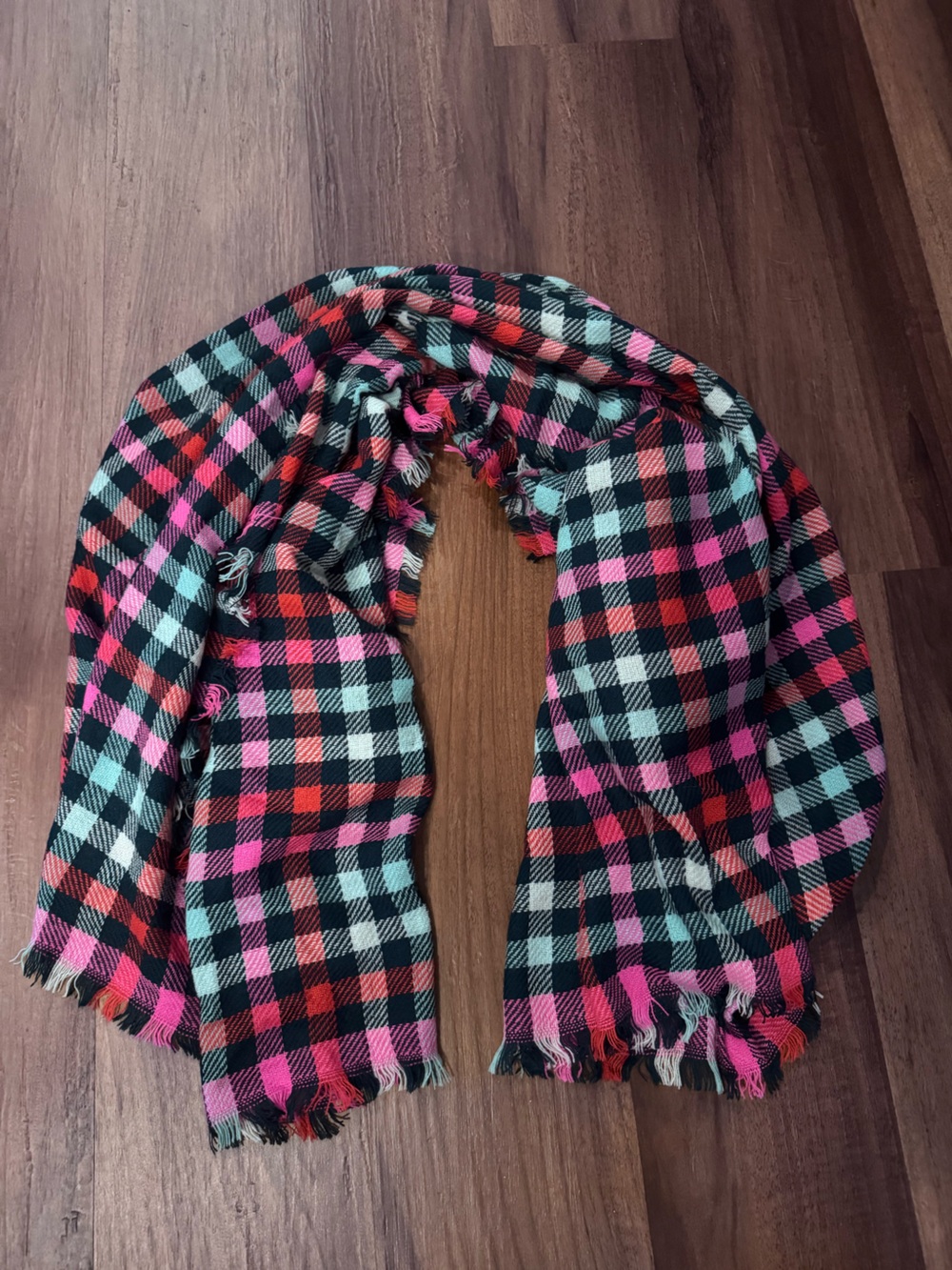 Plaid Fringe Wrap Scarf in Pink, Red & Black
